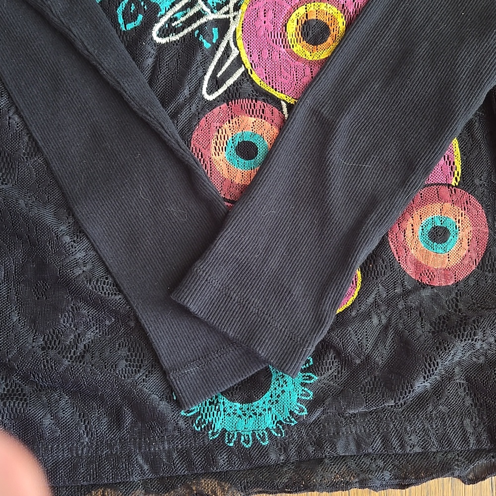 Desigual Black Lace Embroidered Top Long Sleeve Boho Artistic Size M - Picture 11 of 13